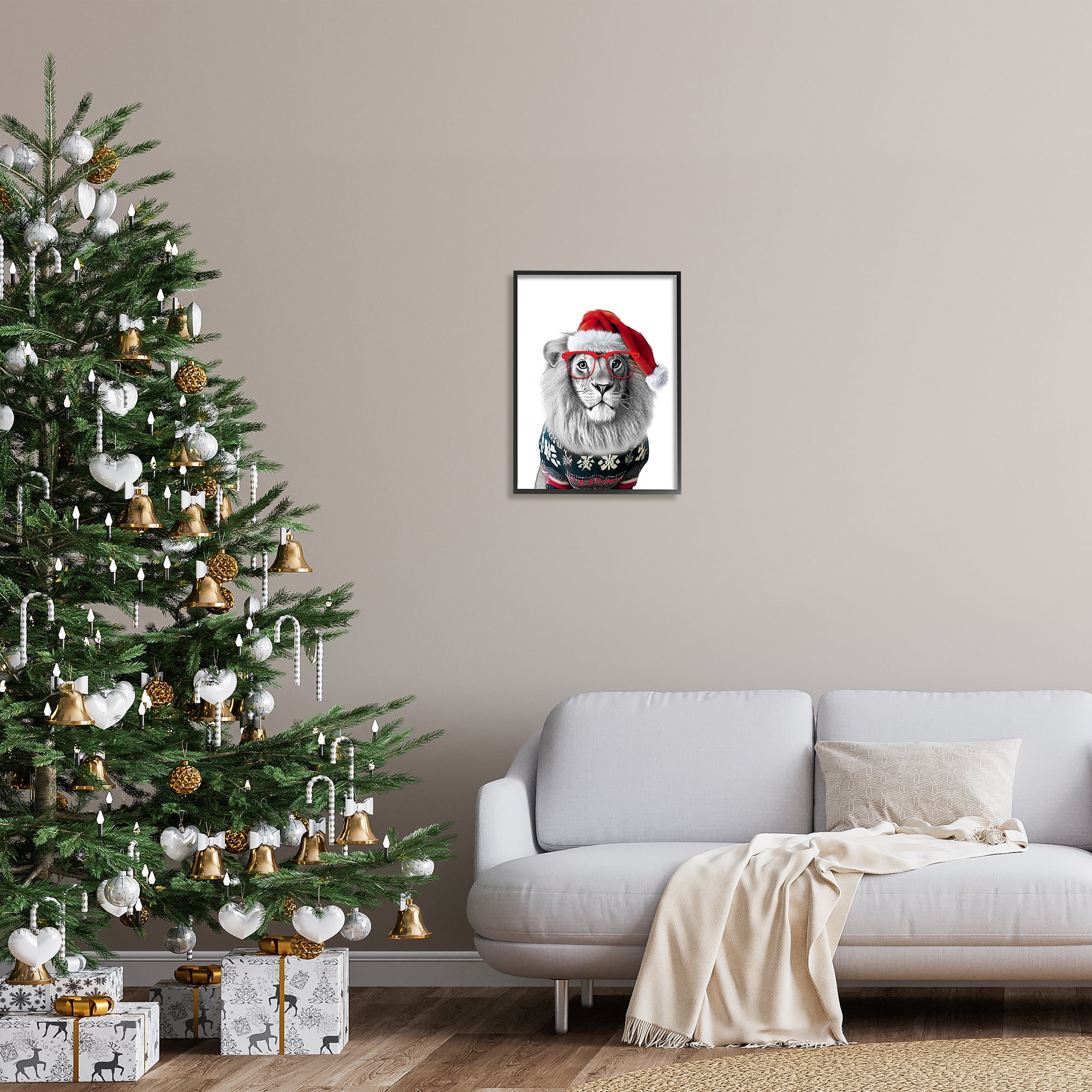 Stupell Industries Lion in Christmas Sweater Holiday Painting Black Framed Art Print Wall Art, 16 x 20