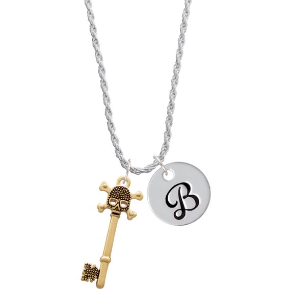 Delight Jewelry Goldtone Antiqued Beaded Skull Key Silvertone Script Initial Disc - B - Charm Necklace, 20"+3"