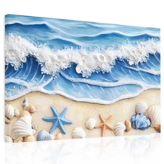 Summer Beach Canvas Print Wall Art, Seashell Starfish Nautical Coastal Wall Decor Modern Artwork Paintings Pictures for Living Room Framed and Stretched Ready to Hang, 12" x 16"