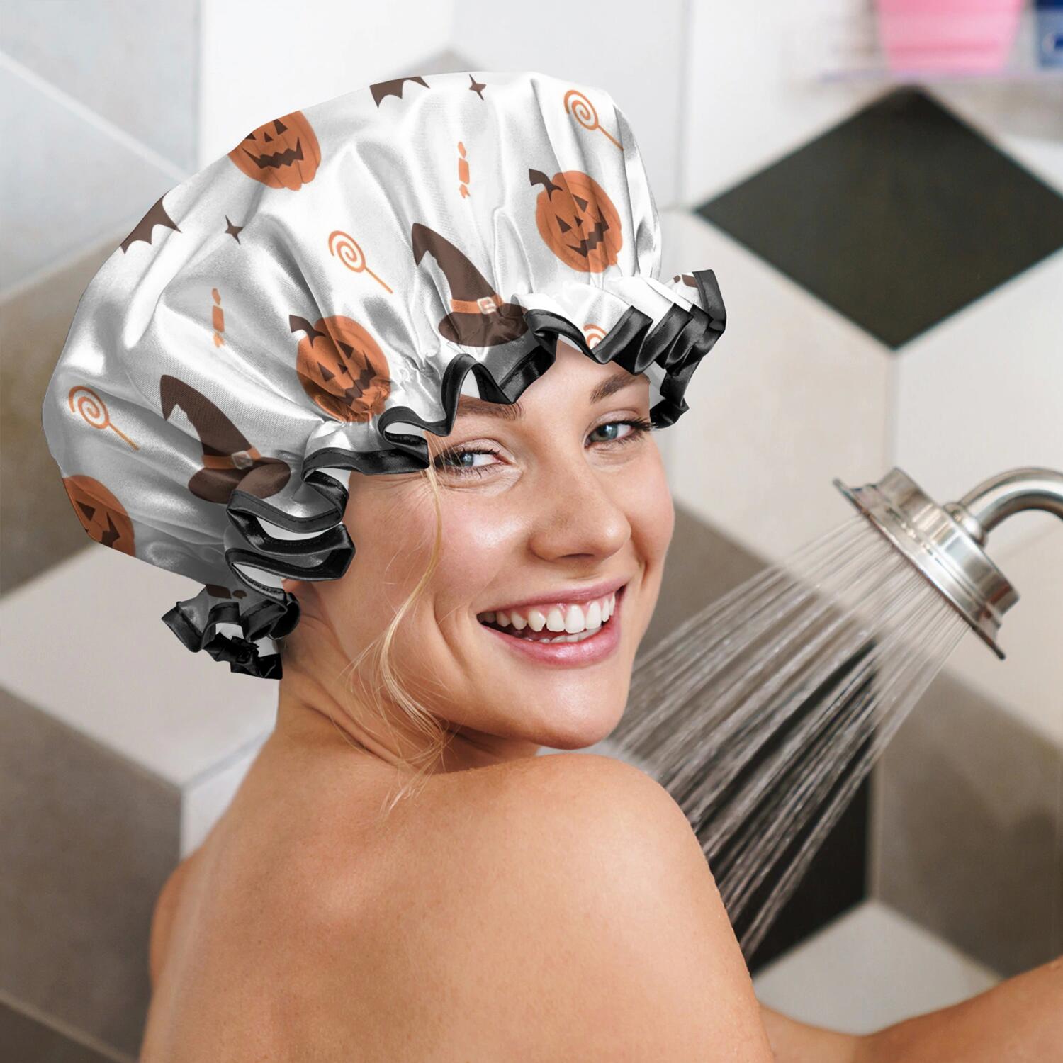 Shower Caps,Halloween Pumpkins Witch Hats and Bats Waterproof Shower Cap for Women 4 Pieces,Double Reusable Hair Cover for Shower PEVA Elastic Stretch Hem
