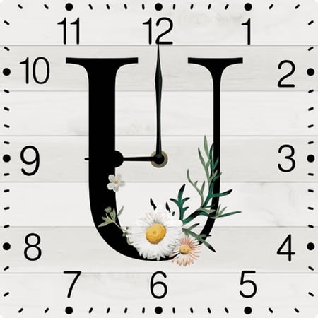 Eveokoki Monogram Letter U Wood Wall Clocks Wildflower Frameless Battery Operated Silent Quartz 10 Inch Alphabet Letters Shabby Chic Square Clock for Living Room Office Home Kitchen Bathroom