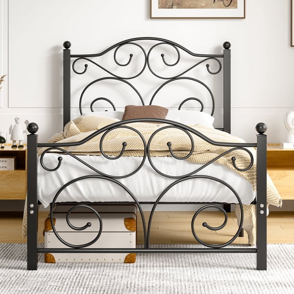 VECELO Traditional Metal Platform Bed Frame with Butterfly Shape Headboards and Footboard, Twin Size, Black