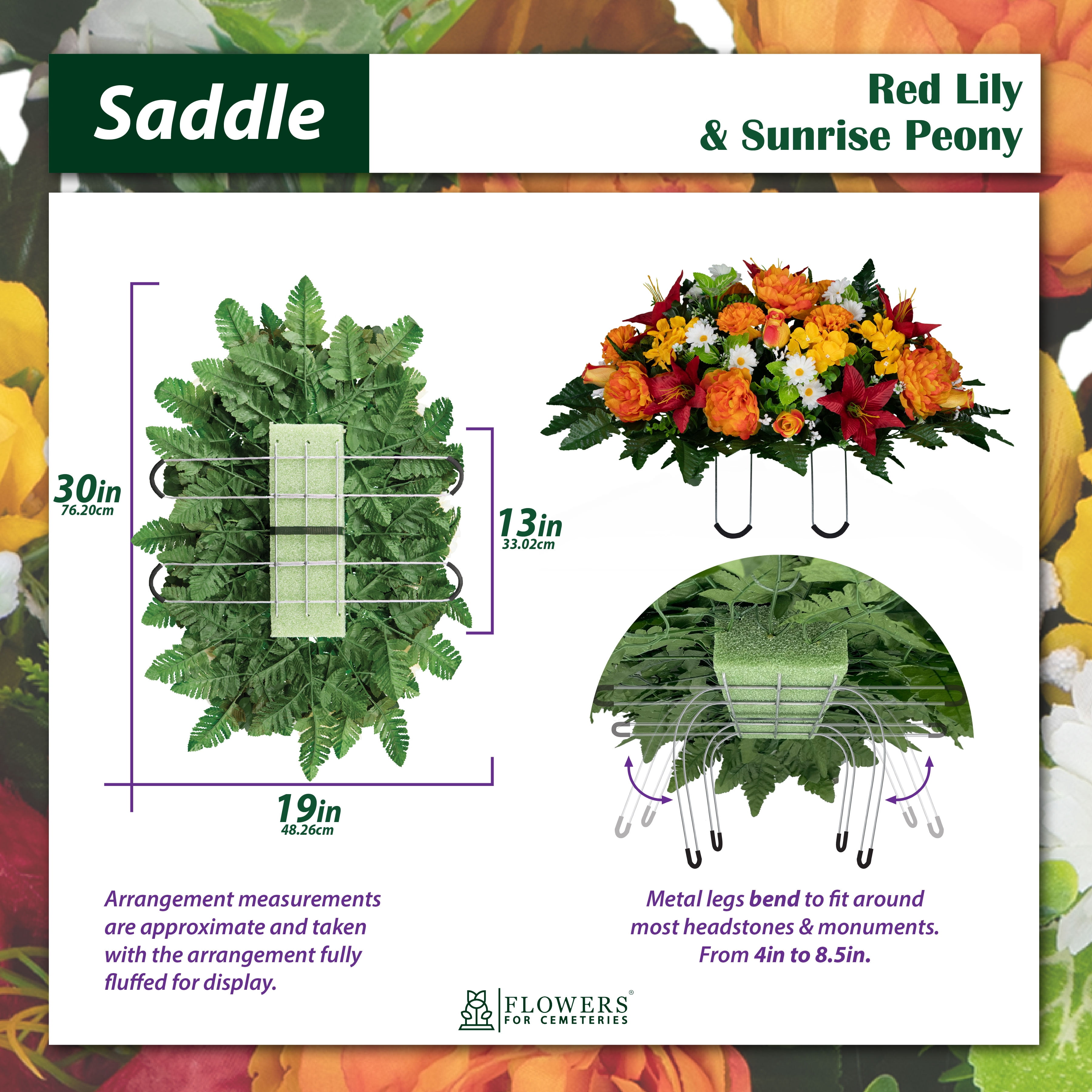 Sympathy Silks Artificial Cemetery Flowers - Red Lily and Sunrise Peony - Outdoor Saddle for Headstone