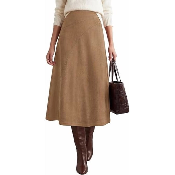 BTFBM Women Faux Suede Midi Long Skirt Fall Fashion | High Waisted Skirts For Women Trendy, Lightweight, Back Elastic, Arc Line Design, A-Line, Winter Dress, Boho Western Outfits