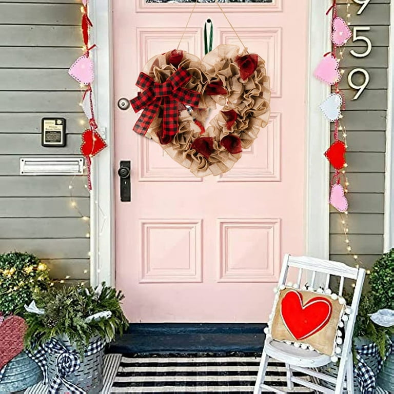 Valentines Day Wreath Decorations, Burlap Heart Shaped Wreath with