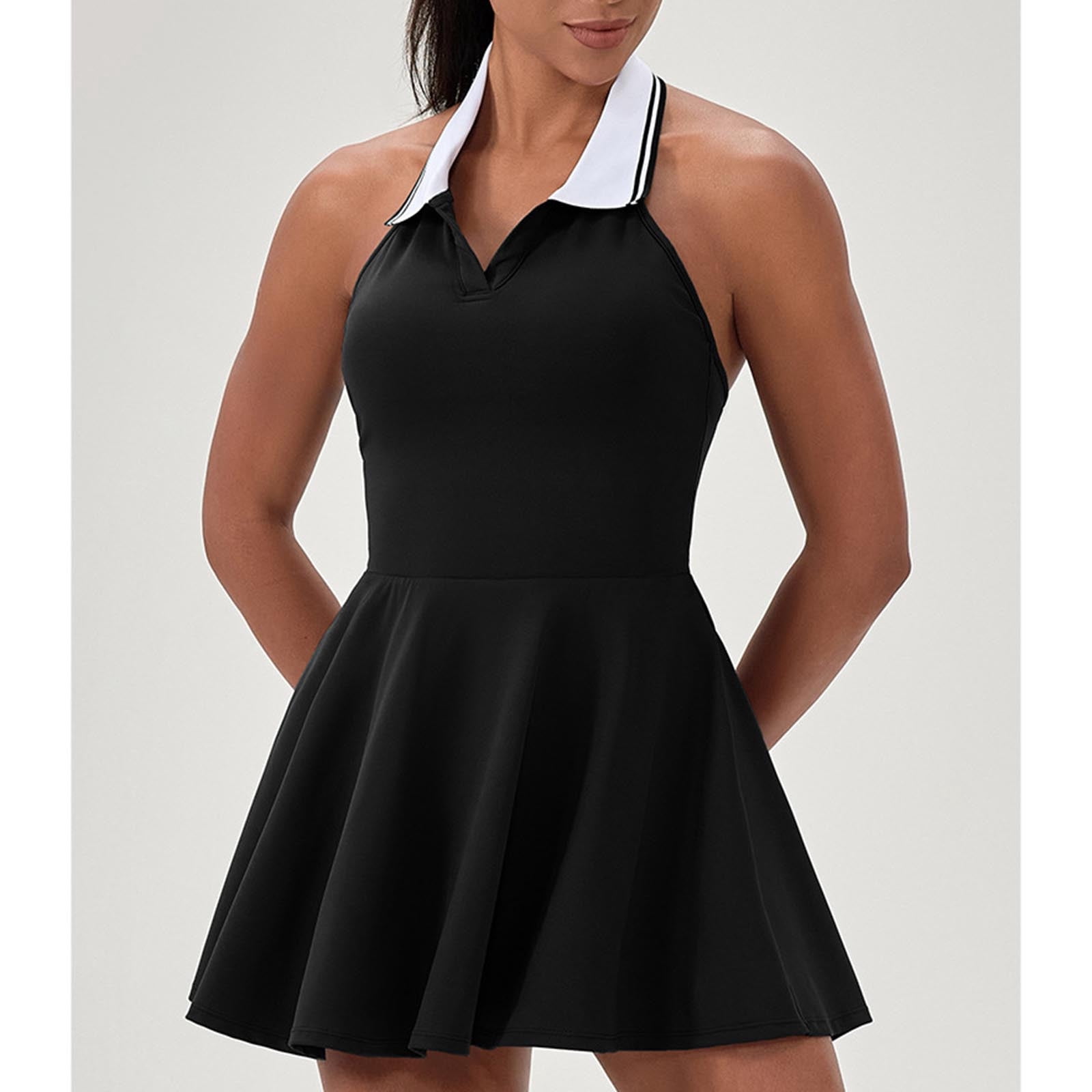 Lapel Collar Flared Tennis Dress for Women Halter Sleeveless Athletic A-Line Golf Mini Dresses Build in Shorts
