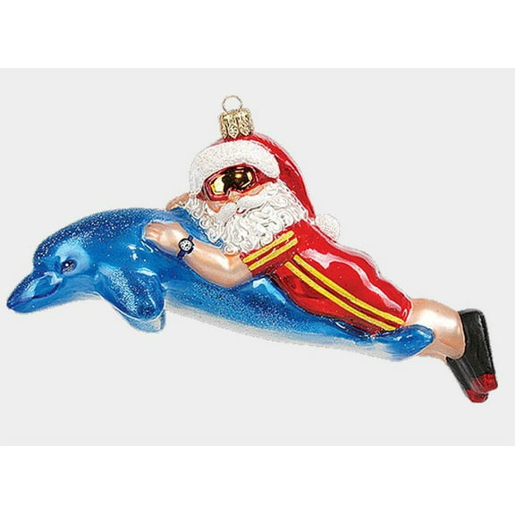 Santa Swimming with Dolphin Polish Blown Glass Christmas Ornament Decoration
