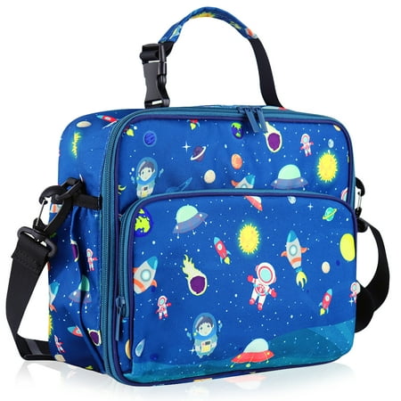 Oren Sturdy & Multi Color Tiffin Box For Kids, Adults, Girls & Boys With Soft Sided Compartments, Shoulder Strap & Side Bottle Holder For Daycare, Kindergarten and School - Space
