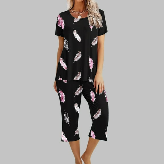 Aueoeo Pajamas Women'S Gift Set Hearts Print Sleepwear Short-Sleeved Top And 7-Minute Pants Pjs Set Nightwear Multicolor L
