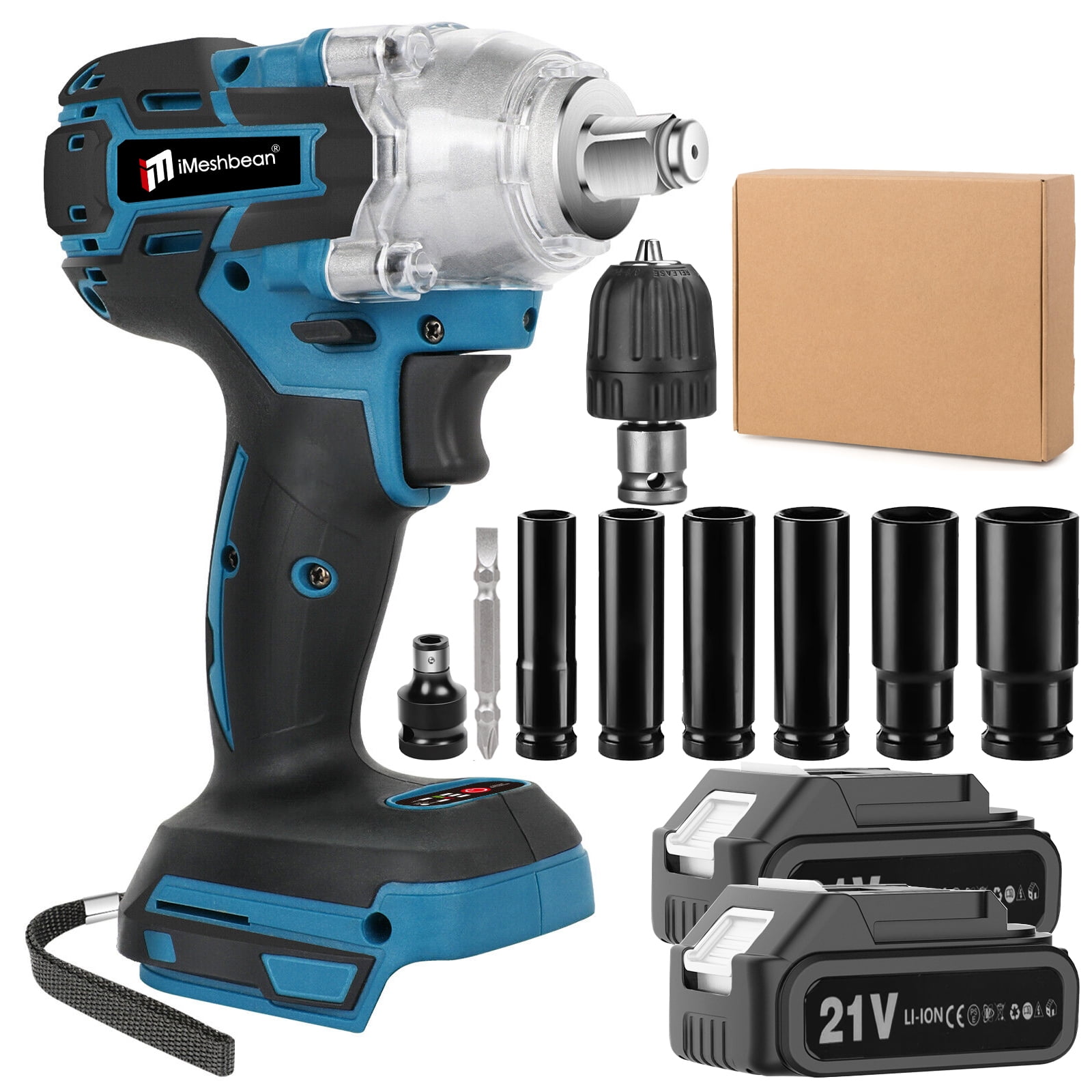 iMeshbean Cordless Impact Wrench 21V  1/2" Electric Impact Gun Kit, Screwdriver High Torque Repair And Installation Tools with 2 PACK 3.0Ah Battery & Fast Charger, 6pcs Sockets