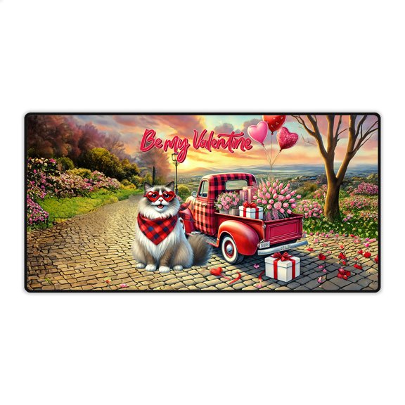 Be My Valentine's Ragdoll Truck Full of Love Flower Balloon Desk Mat Full Keyboard Mouse Pad Cat Lover Kitten Owner Gifts Idea Large Mousepad - 02029