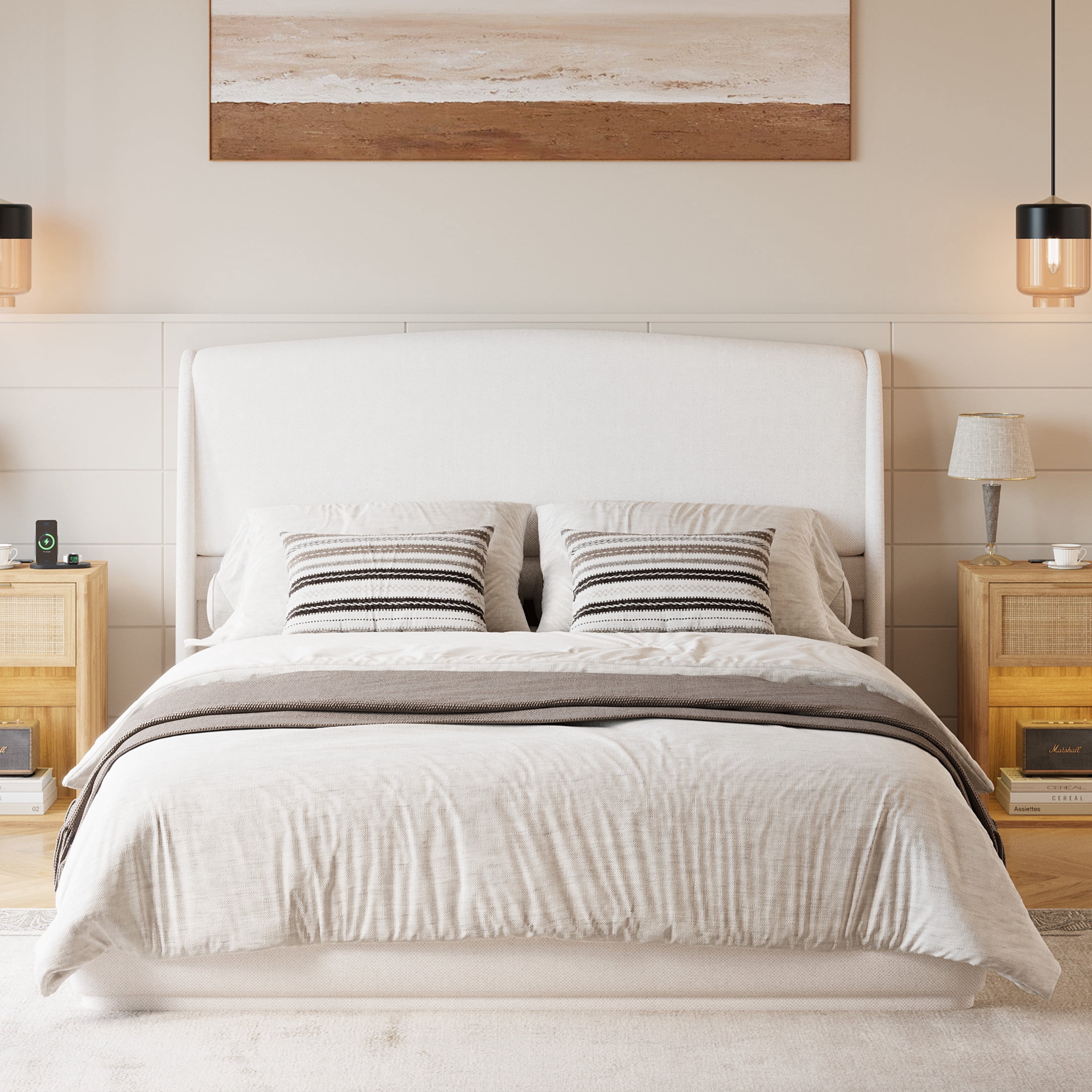 Noble House Queen Size Linen Upholstered Platform Bed with Wingback Headboard, Beige