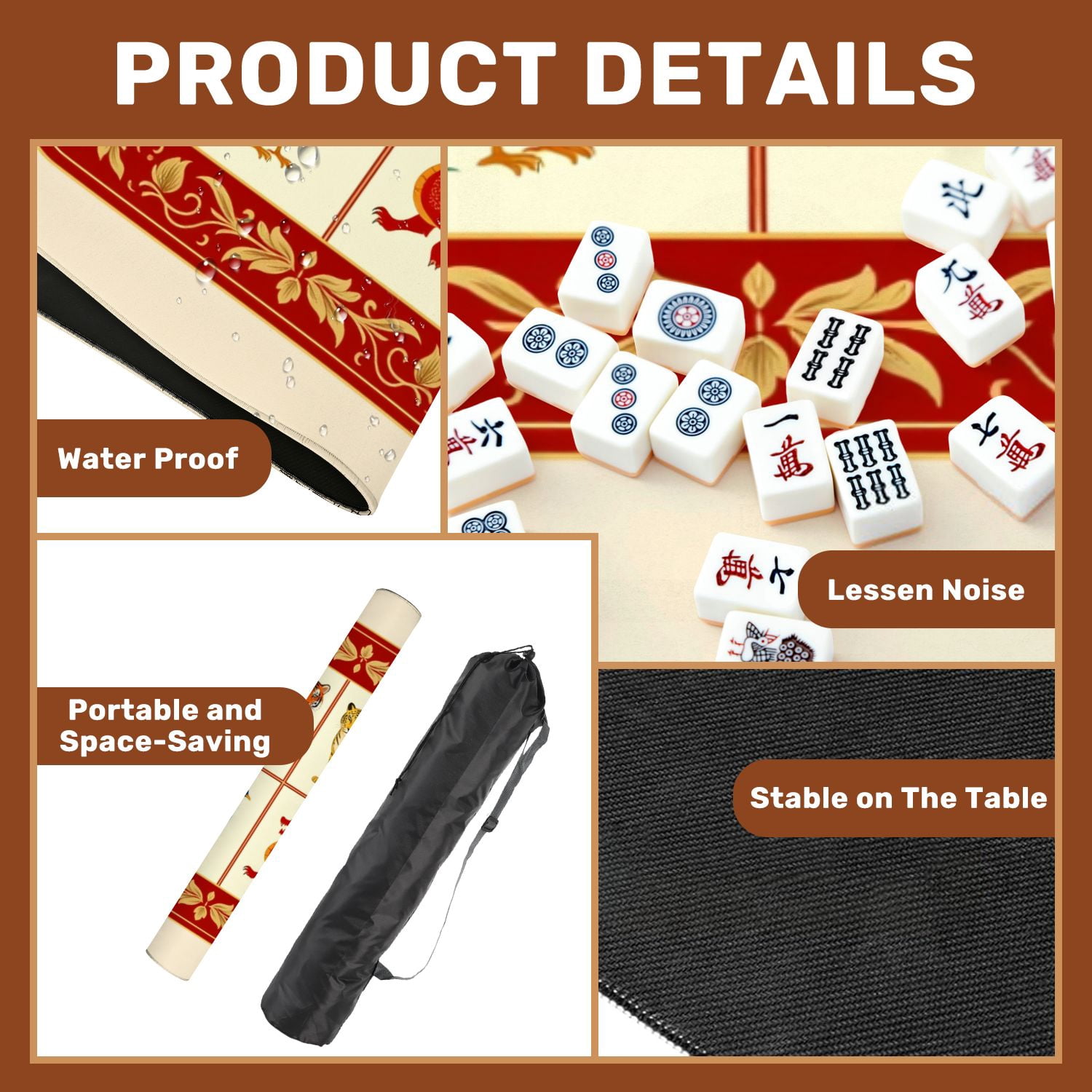 Mahjong Mat 31.5" x 31.5" Vintage Chinese Zodiac Animals Tiger Leopard Peacock Dragon Non-Slip Noise Reduction American Mahjong Tiles Table Cover for Dominoes Poker Card Board Games Gift