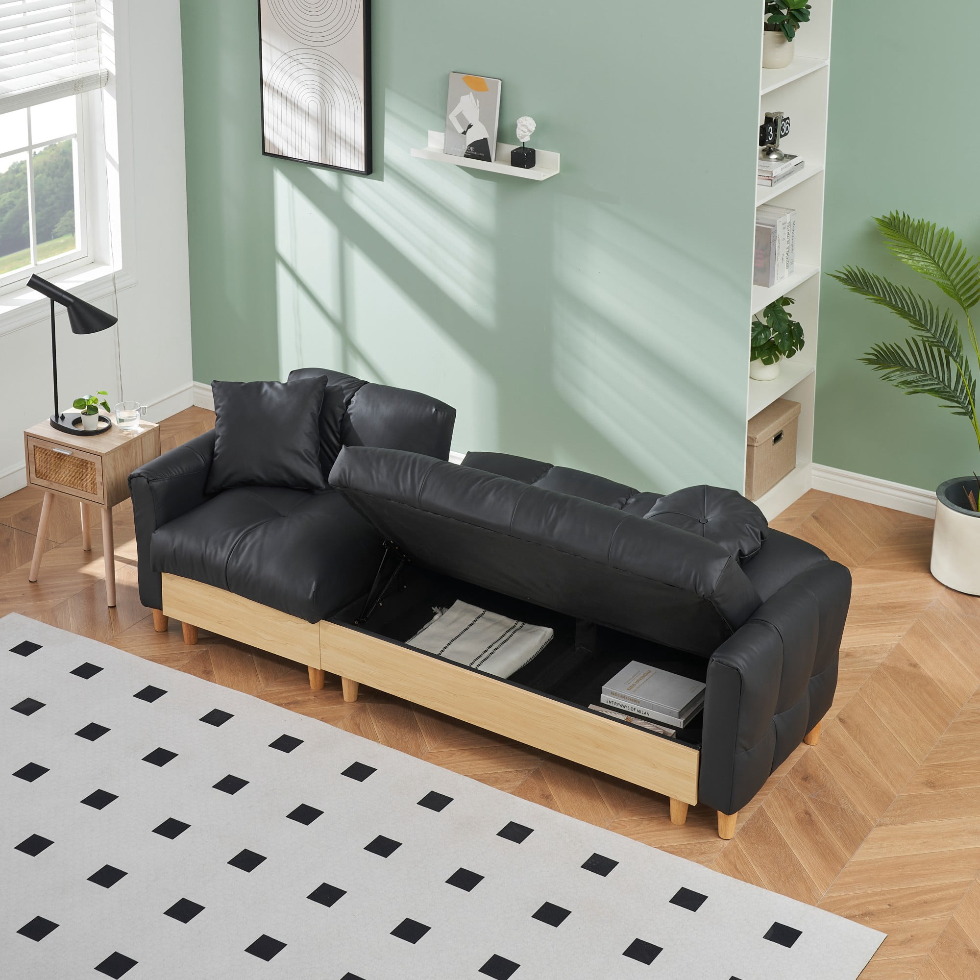 Overstuffed Sofa Couch,3 Seater Tech Cloth Upholstered Convertible Sofa Couches with Drawer and Storage Seatbase,Adjustable Backrests and Pillows, Comfy Couch for Living Room,Black