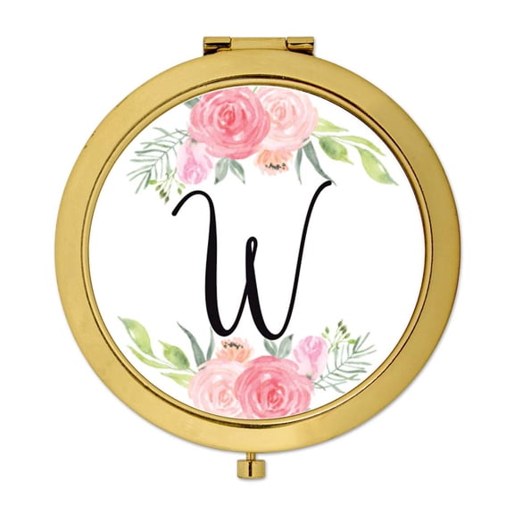Koyal Wholesale Compact Mirror Bridesmaid's Wedding Gift, Gold, Monogram Letter W, Peach and Pink Roses, 1-Pack