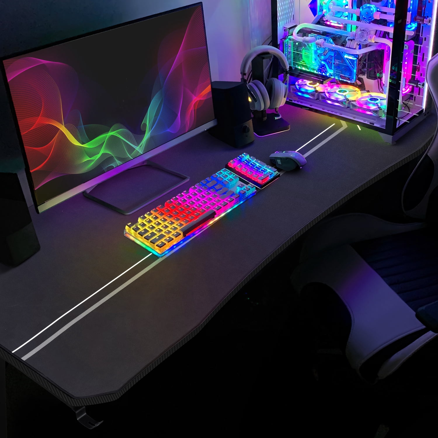 Walnew 55 inches Widen T-Shape Frame Gaming Computer Desk PC Gaming Desk Racing Style Carbon Fiber Surface Office Desk With Cup Holder and Headphone Hook (Black)