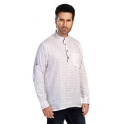 In-Sattva Mens Cotton Printed Henley Style Sattva-Collar Hip-Length Kurta Tunic; Ivory White; LG
