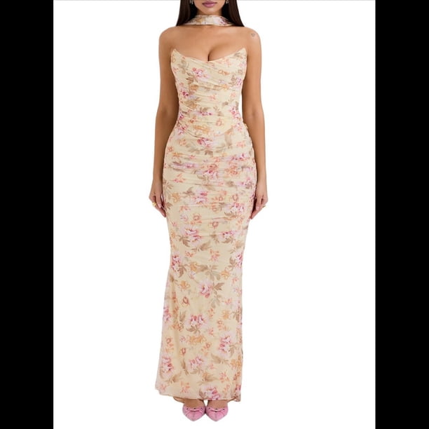 Vestido Tubo con Hombros Descubiertos para Mujer, Estilo Corsé, Plisado, Ajustado, para Invitada de Boda Formal, Conjunto de Dos Piezas. Impresión L