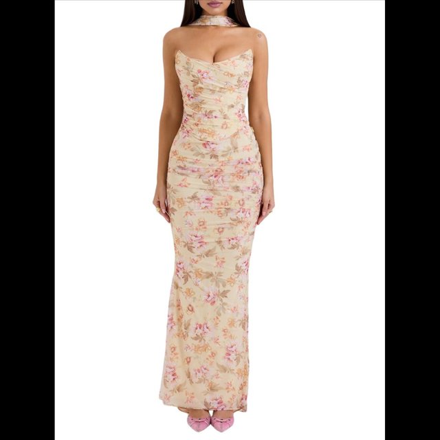 Vestido Tubo con Hombros Descubiertos para Mujer, Estilo Corsé, Plisado, Ajustado, para Invitada de Boda Formal, Conjunto de Dos Piezas. Impresión S