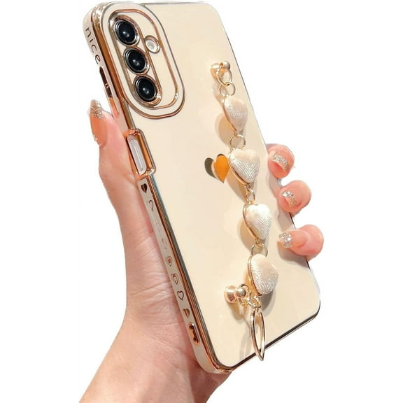 Phone Case for Samsung Galaxy A24 4g 6.5" with Elegant Heart Bracelet Strap Luxury Plating Cute Love Heart Cover with Hand Chain for Women Camera Protection Soft Shockproof Bumper (White)