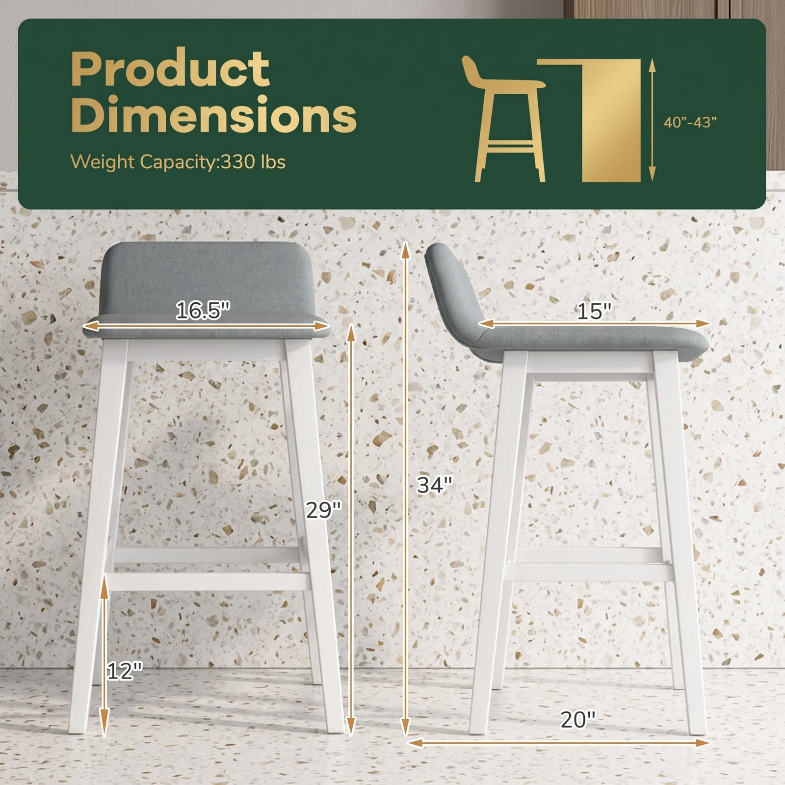Furnibear 29 Inch Bar Stools Set of 1 Low-Back High-Top Chair with Padded Faux Linen Seat, Rubber Wood Legs and Built-In Footrest for Kitchen Dining Room Home, White