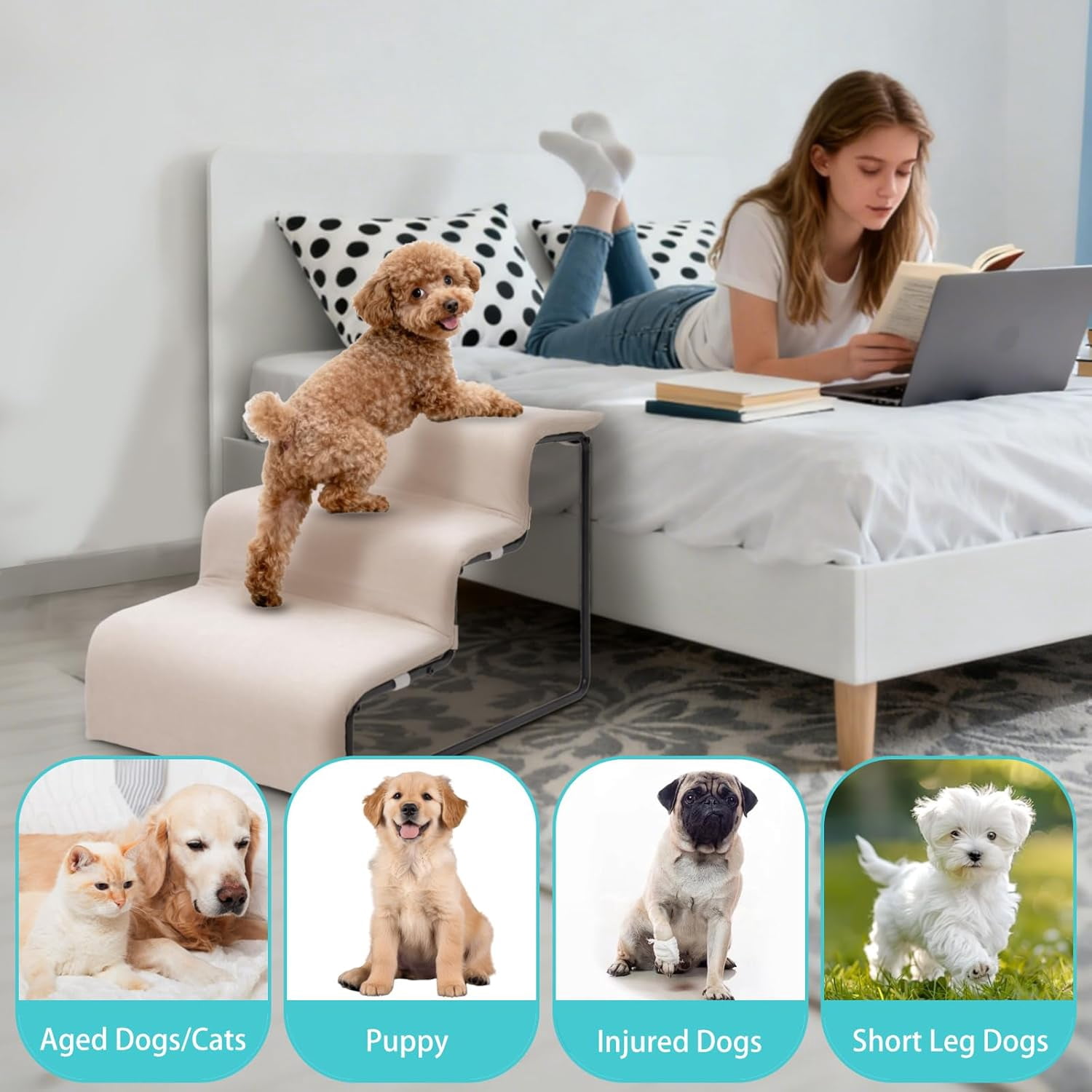 3-Step Pet Stairs with Soft Cushion, Non-Slip Gentle Slope Pet Steps, Sturdy Safe Climbing Stairs for Small Medium Dogs Cats, Easy Access to Bed Sofa Chair Windowsill