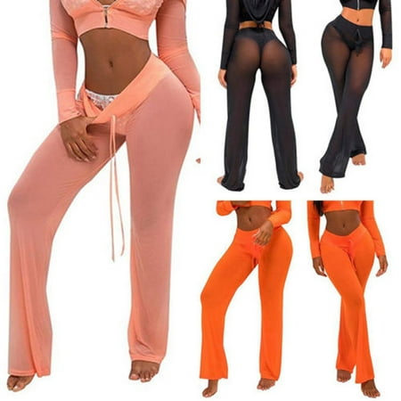 Womens Beach Mesh Sheer Ladies Bikini Cover Up Flared Wide Leg Pants Trousers Black Size 2XL