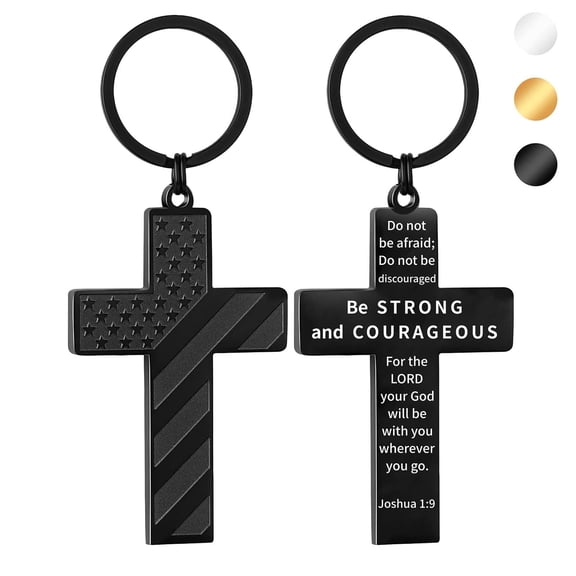 Christian Cross Keychain for Men & Women - Inspirational Joshua 1:9 Bible Verse Keyring - Stainless Steel Religious Gift with American Flag Pattern