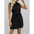 thumbnail image 3 of Women'S Sleeveless Mini Sweater Tank Dress Solid Color Casual Crew Neck Side Slit Knitted Dress with Belt Black L, 3 of 8