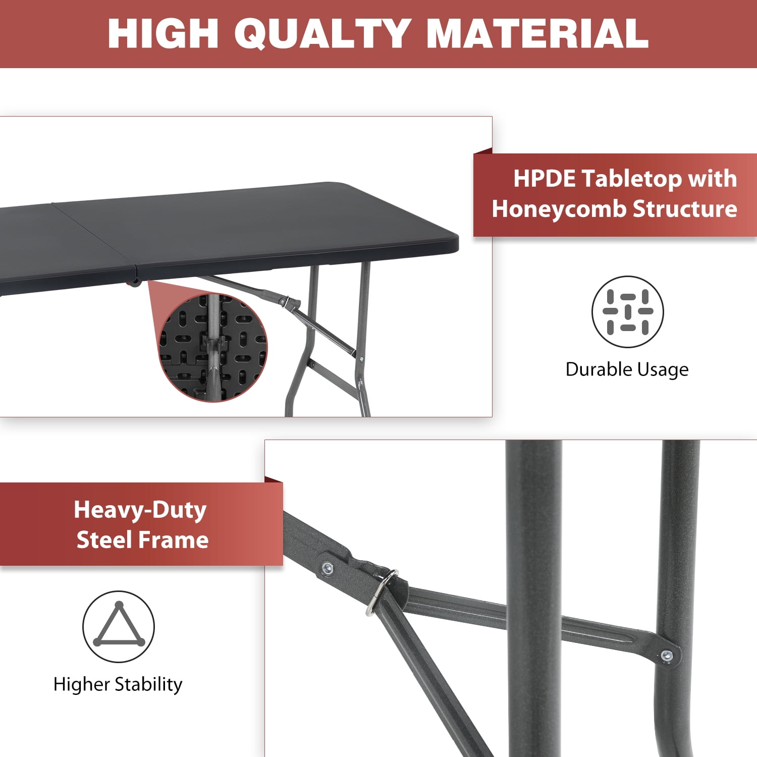 NiamVelo 6ft Folding Table Portable Plastic Indoor Outdoor Camping Dining Table with Carrying Handle, Black