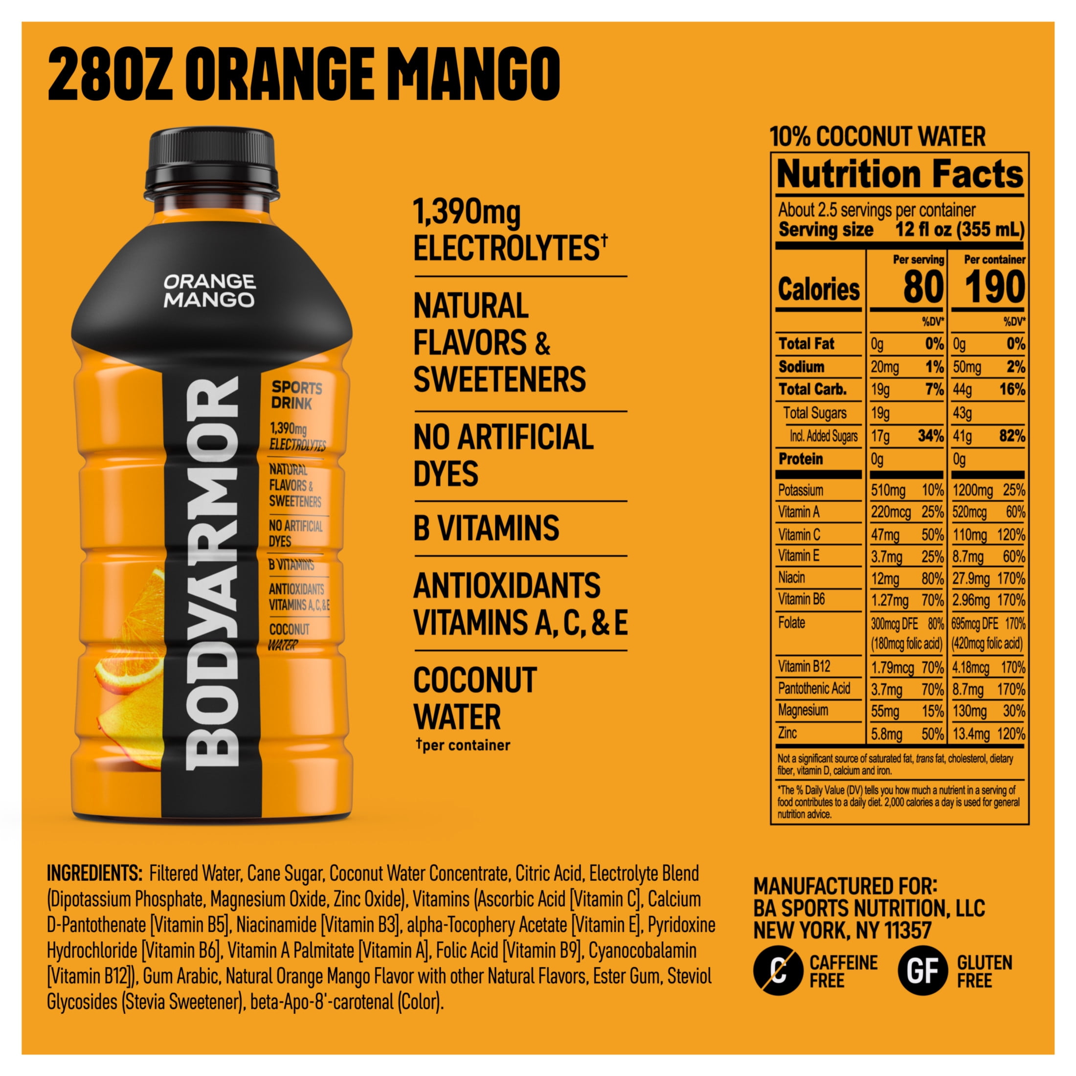 BODYARMOR Orange Mango Electrolyte Sports Drink Bottle, 28 fl oz