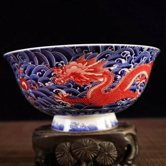 Chinese Blue and White Porcelain Red Glaze Two Dragon Grain Big Bowl 6.2"
