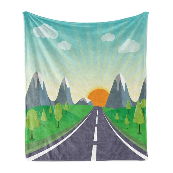 Landscape Soft Flannel Fleece Blanket, Road Trip Concept with Calming Green Forest Mountains and Sunrise Horizon Scenery, Cozy Plush for Indoor and Outdoor Use, 60" x 80", Multicolor, by Ambesonne