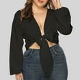 thumbnail image 2 of Women's Tie Front Crop Tops Sexy Deep V Neck Long Sleeve Blouse Plus Size Summer Tops Solid Backless Clubwear, 2 of 4