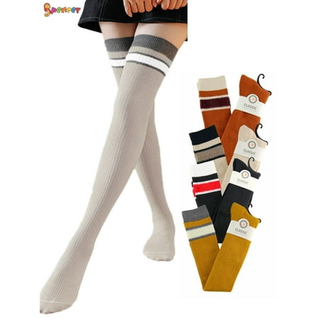 

Spencer 1 Pair Womens Striped Tube Thigh High Socks Over the Knee Leg Warmer Tall Long Boot Stocking for Daily Wear - Beige