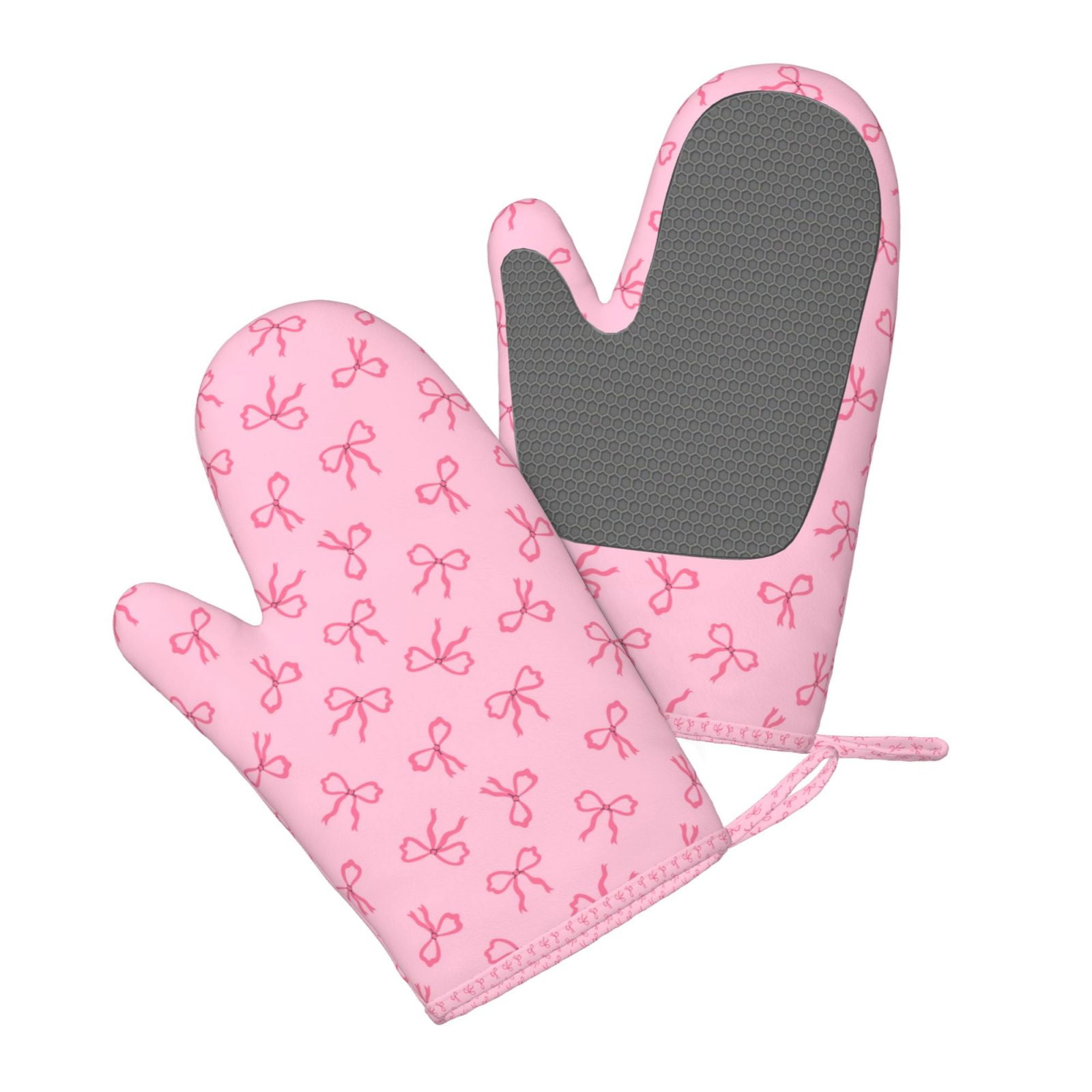 Hirioo Pink Bows for Silicone Oven Mitts for BBQ, Baking, Cooking, Set of 2, Heat Resistant 260℃, Non-Slip Kitchen Essentials