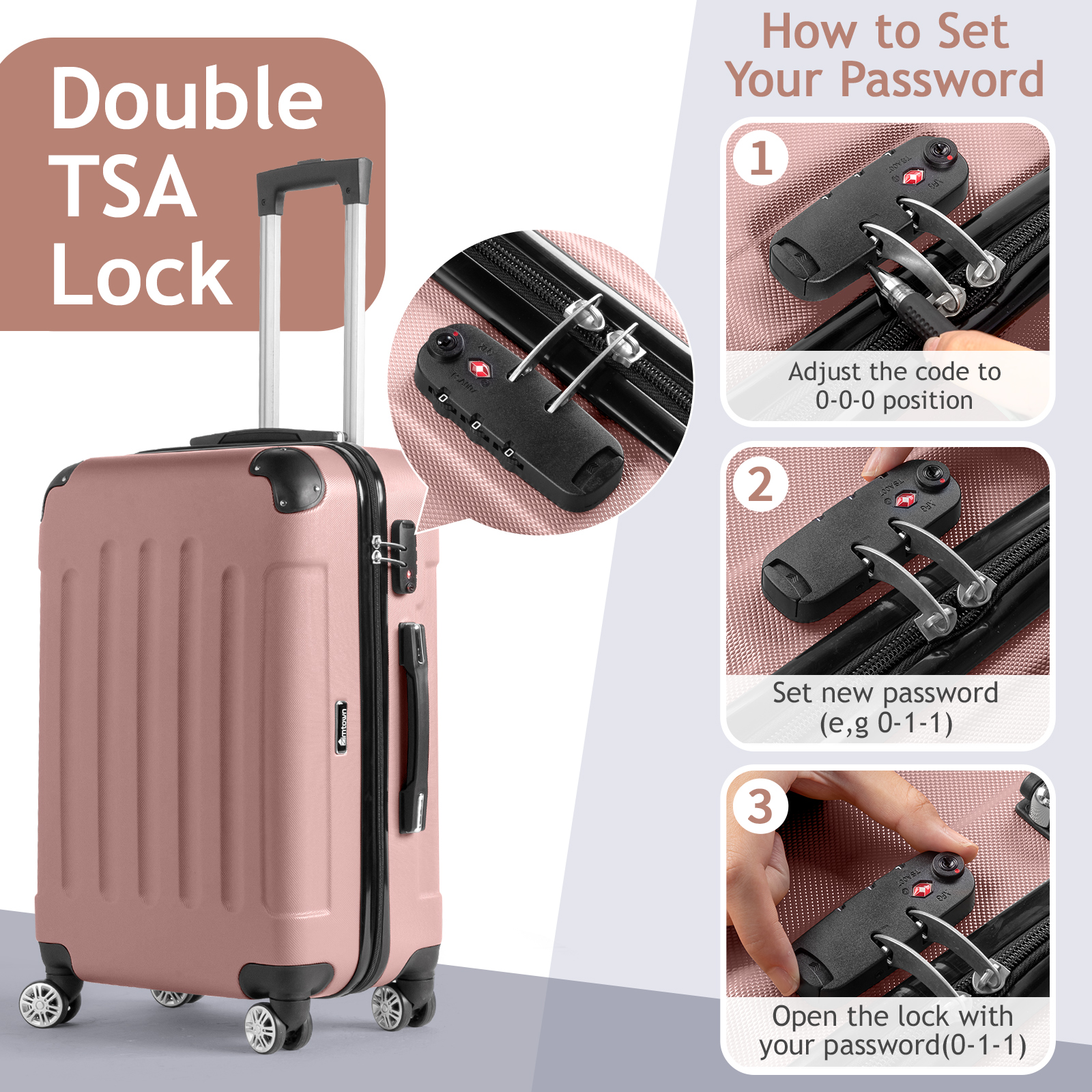 Zimtown Hardside Lightweight Spinner Rose Gold 3 Piece Luggage Set with TSA Lock - image 7 of 10