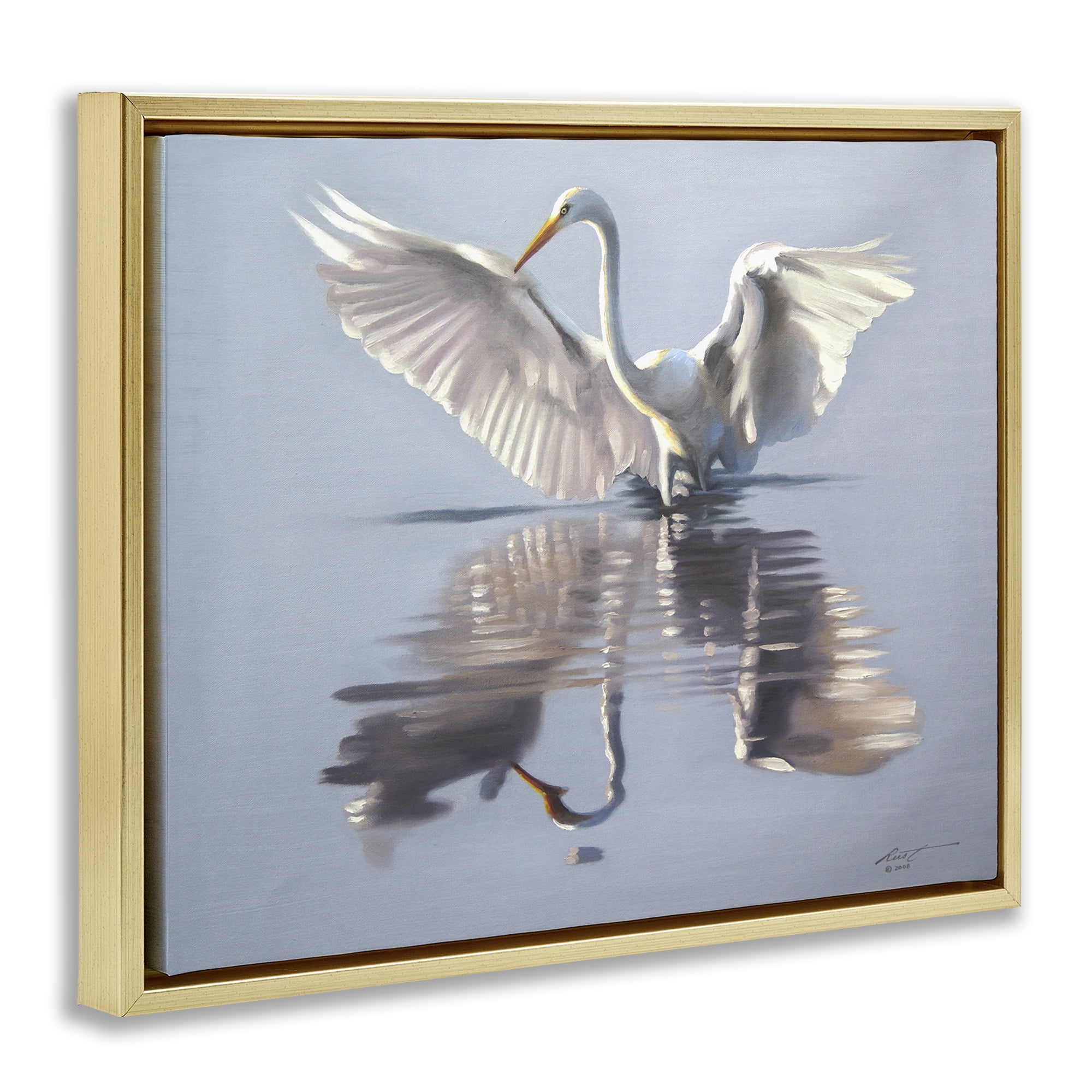 Stupell Industries Egret with Beautiful Wingspan Animals & Insects Painting Gold Floater Framed Canvas Art Print Wall Art, 21 x 17