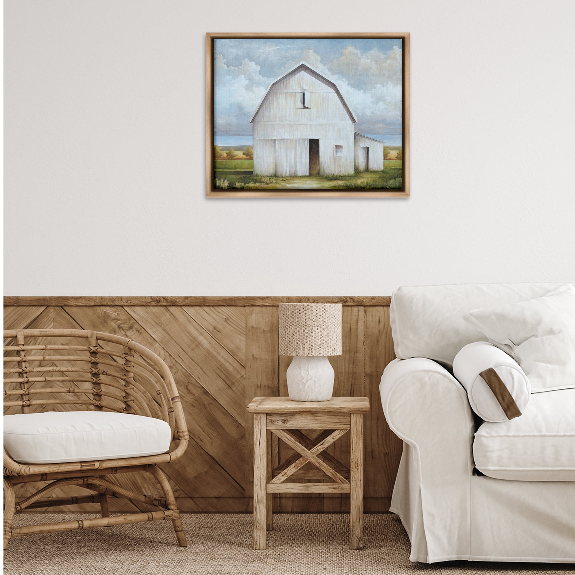 Stupell Industries White Barn with Clouds Landscape Painting Brown Floater Framed Canvas Art Print Wall Art, 31 x 25