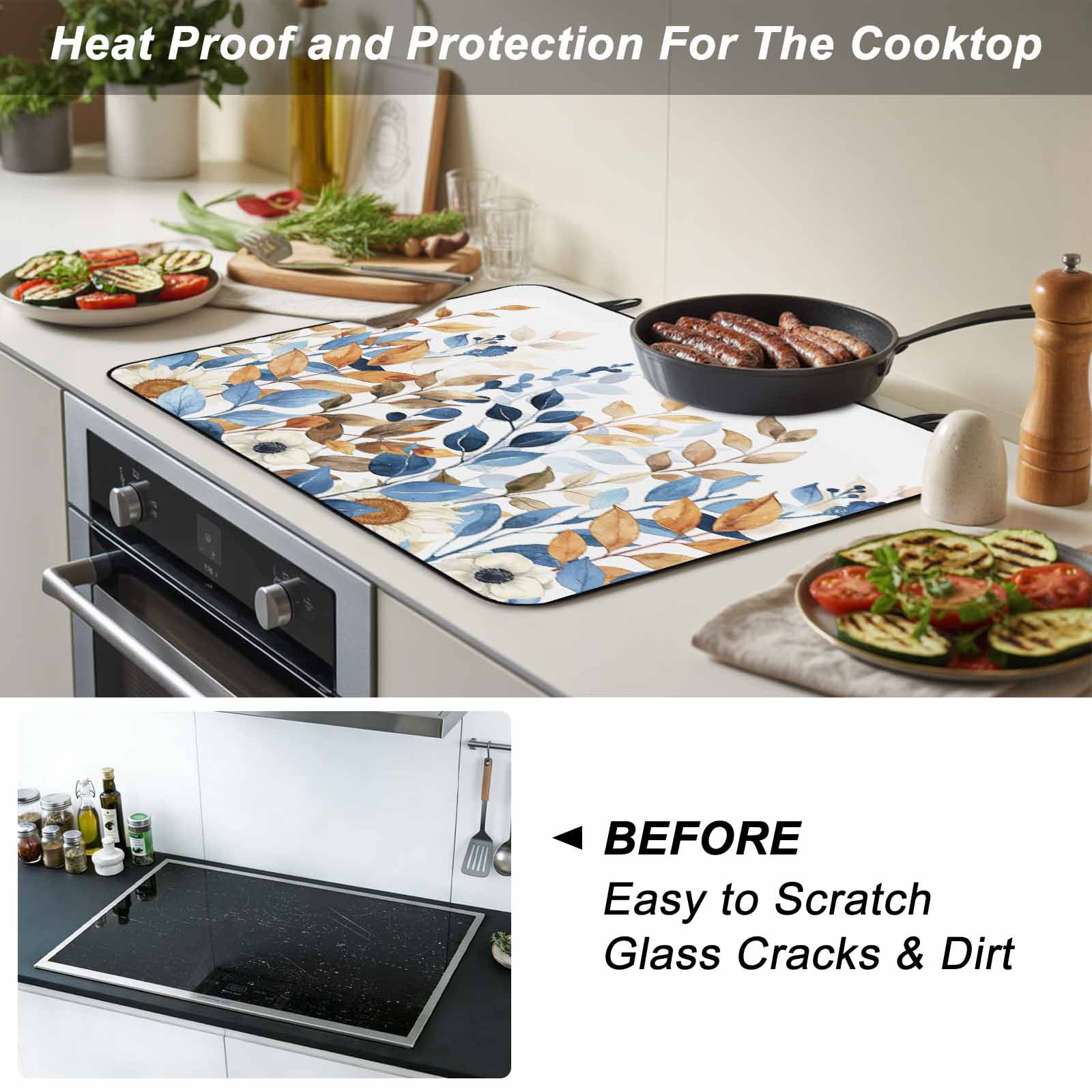 Orange Blue Botanical Stove Top Cover for Electric Stove, Heat-proof & Non Slip Glass Top Stove Cover Protector, Fall Eucalyptus Leaves Kitchen Flat Cooktop Rubber Mat 24x21 Inches