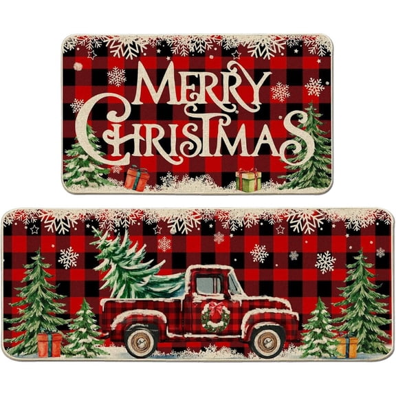 Christmas Kitchen Rugs Set Washable Polyester Holiday Mat with Truck Buffalo Plaid Design Non Slip Home Decor Indoor Rug