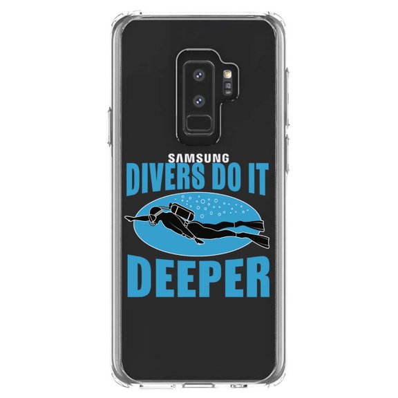 DistinctInk Clear Shockproof Hybrid Case for Samsung Galaxy S9  PLUS (6.2" Screen) - TPU Bumper Acrylic Back Tempered Glass Screen Protector - Divers Do It Deeper