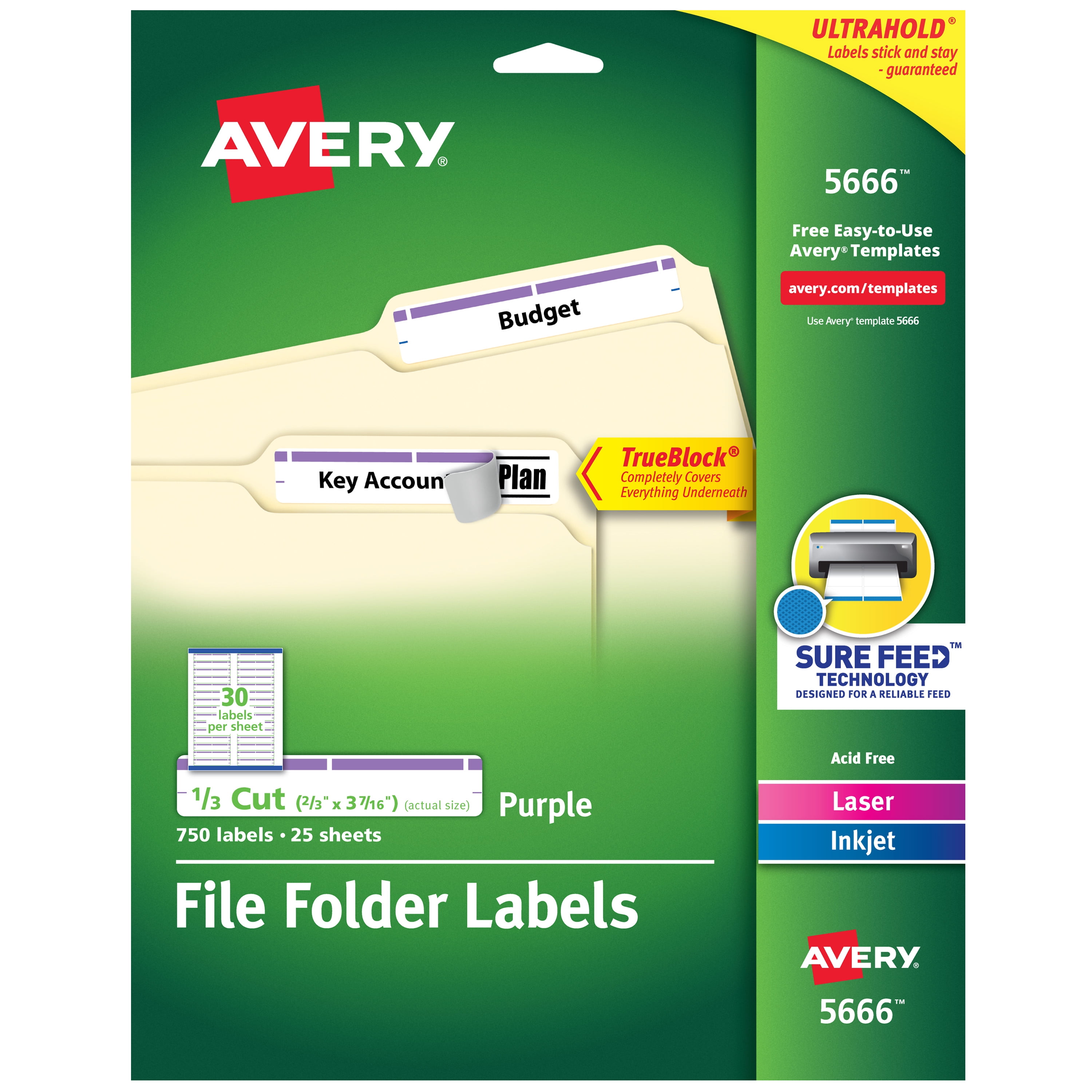 Avery TrueBlock File Folder Labels, Sure Feed Technology, Permanent Adhesive, Green, 2/3