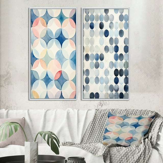 Designart "Circular Retro Aquarelle Indigo Secrets V" Art Mural Géométrique Moderne Encadré Ensemble de 2 - Art Mural Encadré Bleu Moderne Ensemble de 2