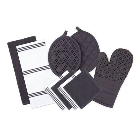 Sticky Toffee Silicone Printed Oven Mitt & Pot Holder, Cotton Terry Kitchen Dish Towel & Dishcloth, Gray, 9 Piece Set