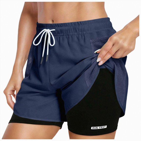 KPOPLK Women 2 in 1 Running Shorts High Waisted Athletic Shorts Gym Workout Shorts with Mesh Liner Zipper Pockets S-2XL Size XXL,Navy