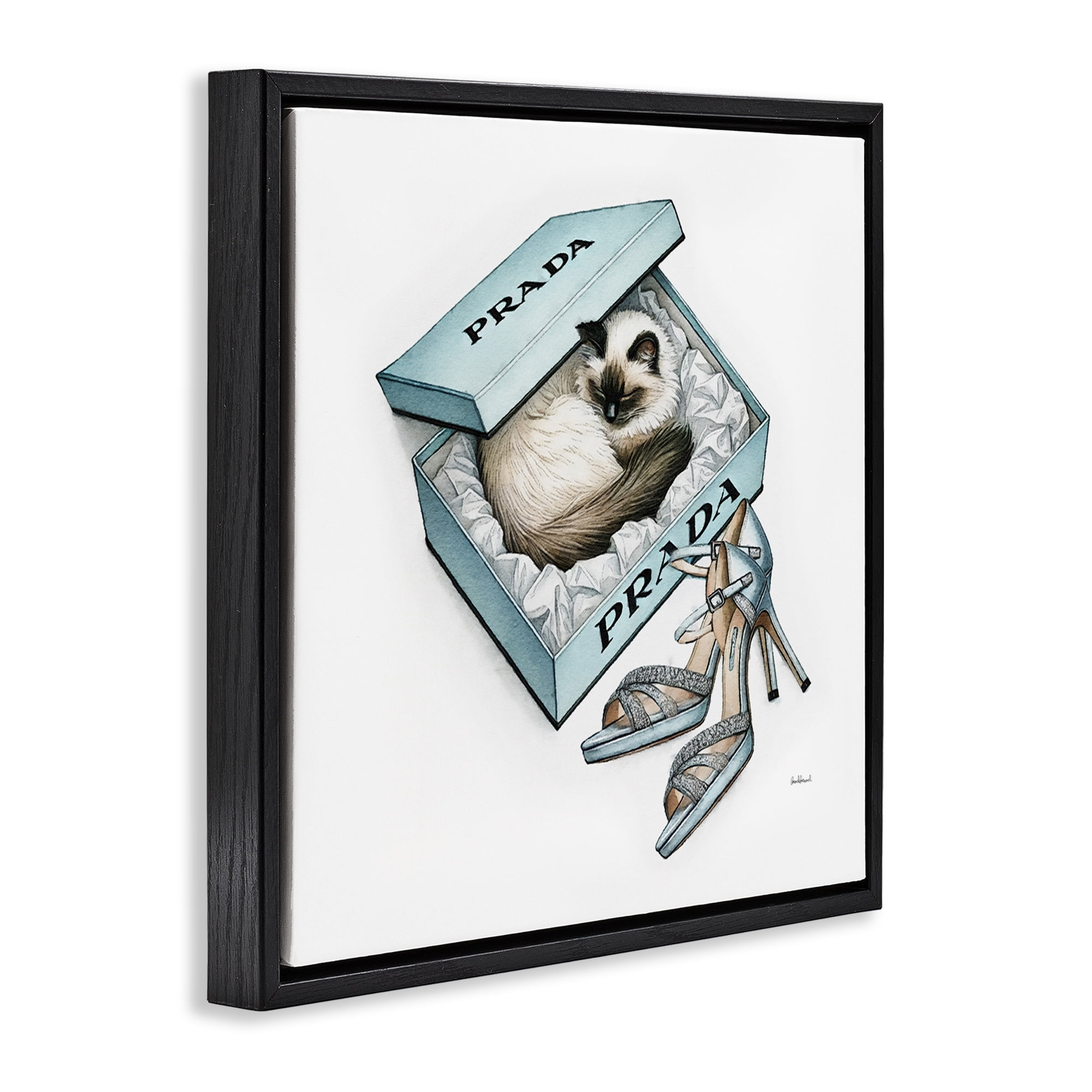 Stupell Industries Sleepy Kitten in Shoebox Animals Painting Black Floater Framed Canvas Art Print Wall Art, 18 x 18