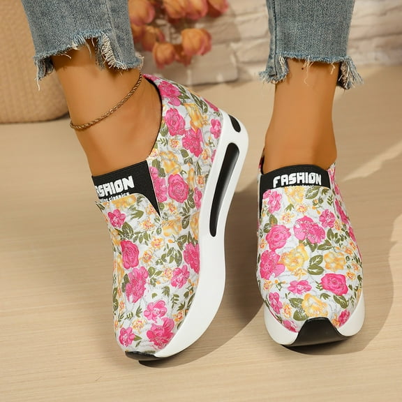 XIMIN Women Snakeskin Platform Slip On Floral Printed Sneakers with Chunky Sole Round Toe Classic Wedge Heel Comfortable Breathable Work Casual Shoes Loafers Sneaker