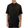 thumbnail image 3 of BiZtdJrK Mandarin Collar Shirts for Men Roll Up 3/4 Sleeve Button Down Shirt Plus Size Cotton Linen Casual Summer Tops with Chest Pocket Black XL, 3 of 9