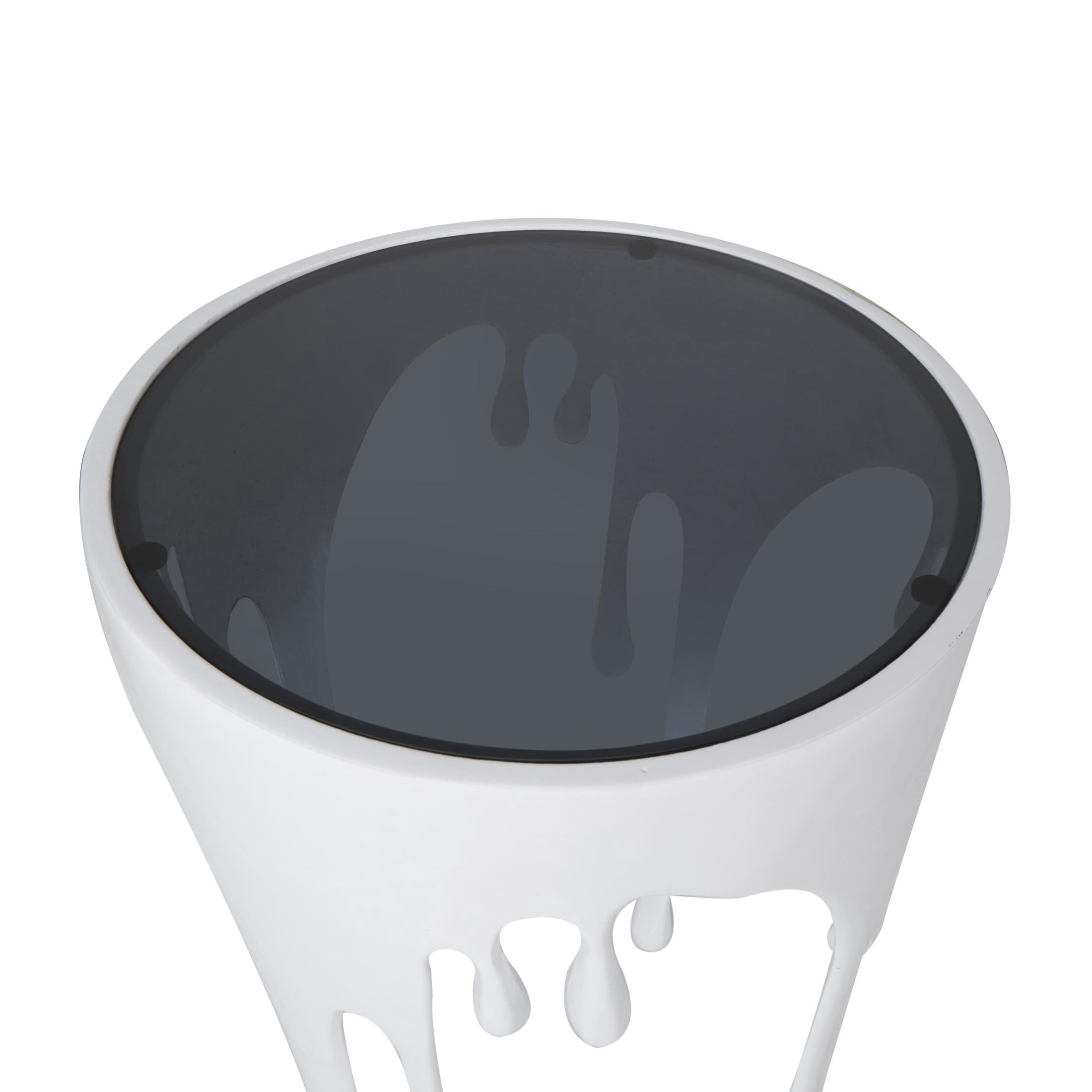 DecMode 16" x 25" White Aluminum Metal Drip Abstract Accent Table with Melting Designed Legs and Black Glass Top, 1-Piece